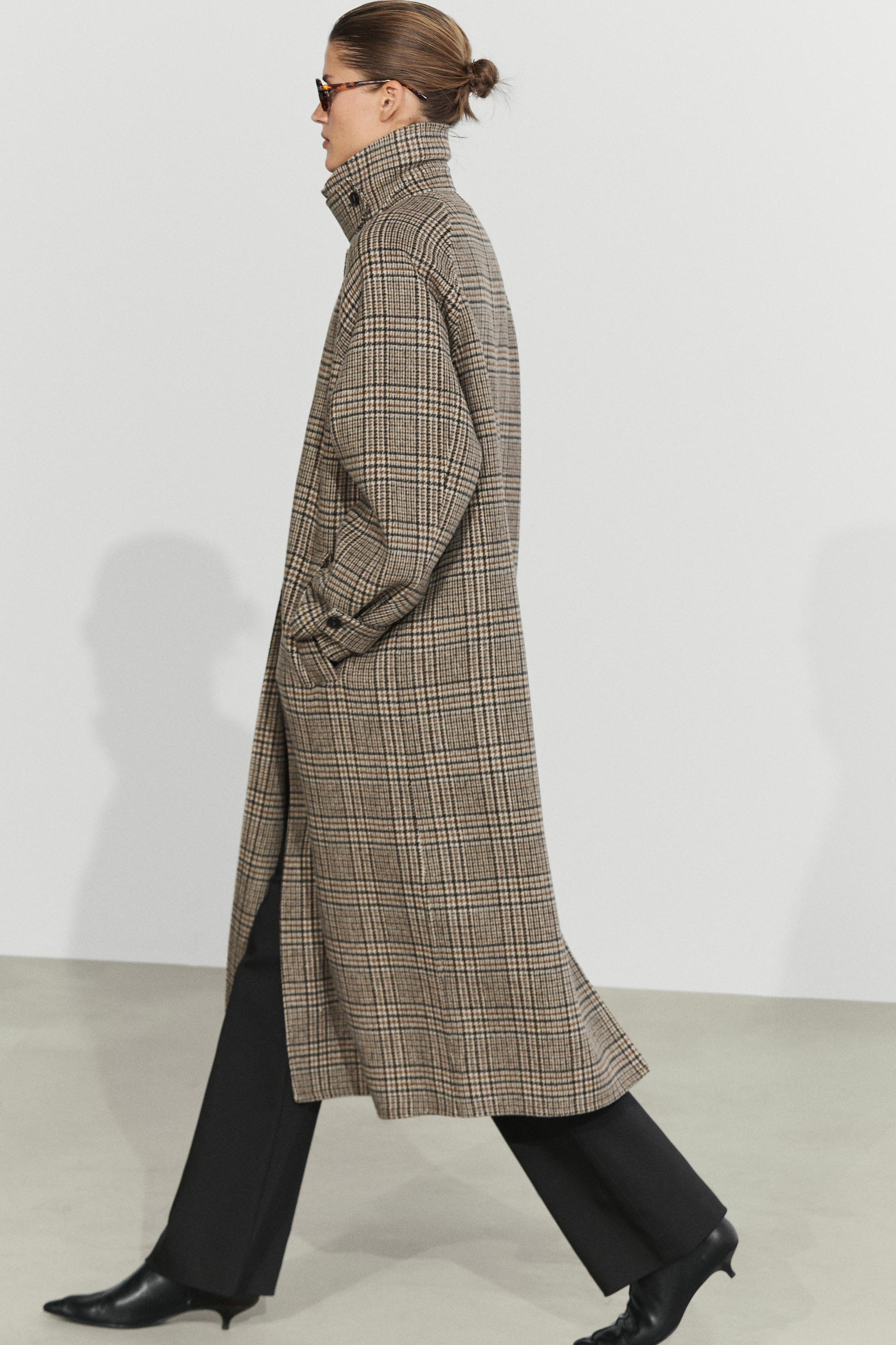 Wool blend check trench coat