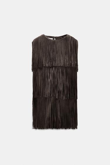 VESTIDO DE FRANJAS EM PELE DE CAMURÇA LIMITED EDITION - Castanho da Zara
