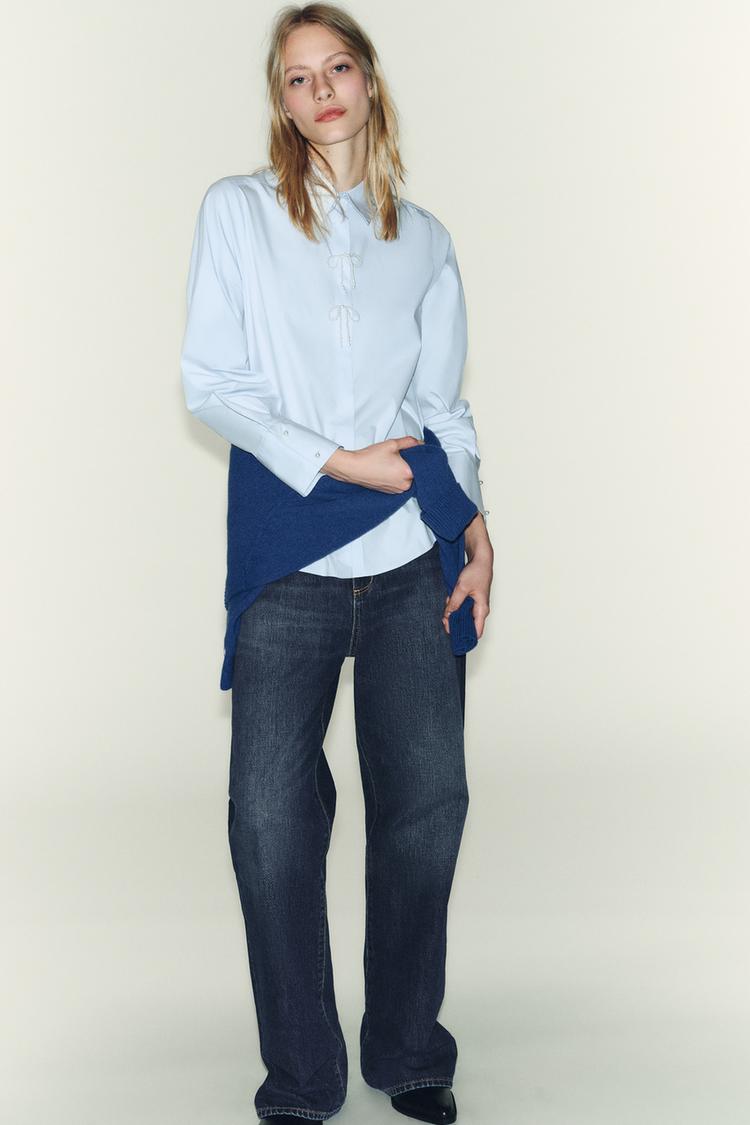 CAMICIA CON FIOCCO E PERLE Blu chiaro ZARA Italia Italy