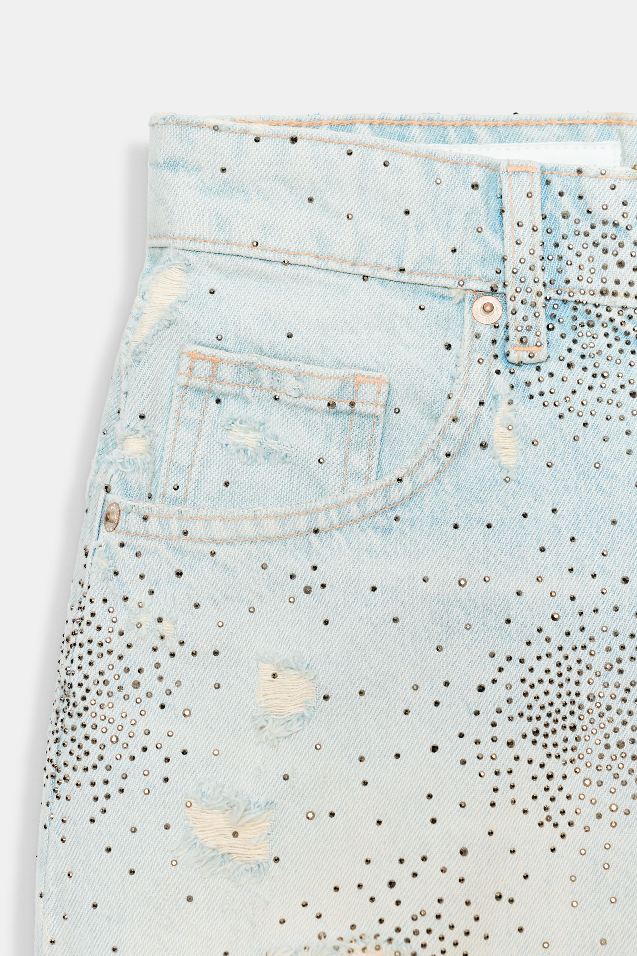 Женские шорты Zara RIPPED HIGH-RISE RHINESTONE DENIM SHORTS — фото 8