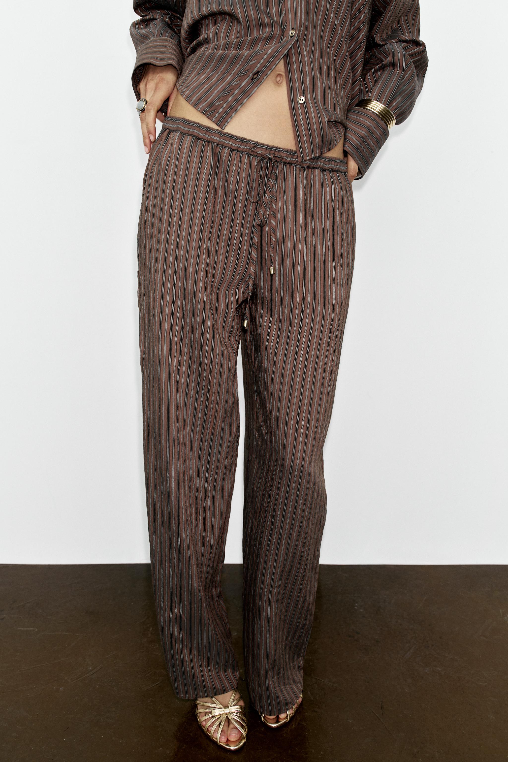 STRIPED WIDE-LEG PANTS — Brown / Ecru