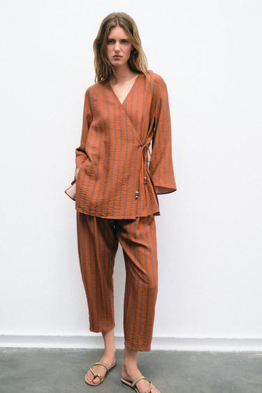 ELASTIC WAIST STRIPED TROUSERS - Burnt orange by Zara