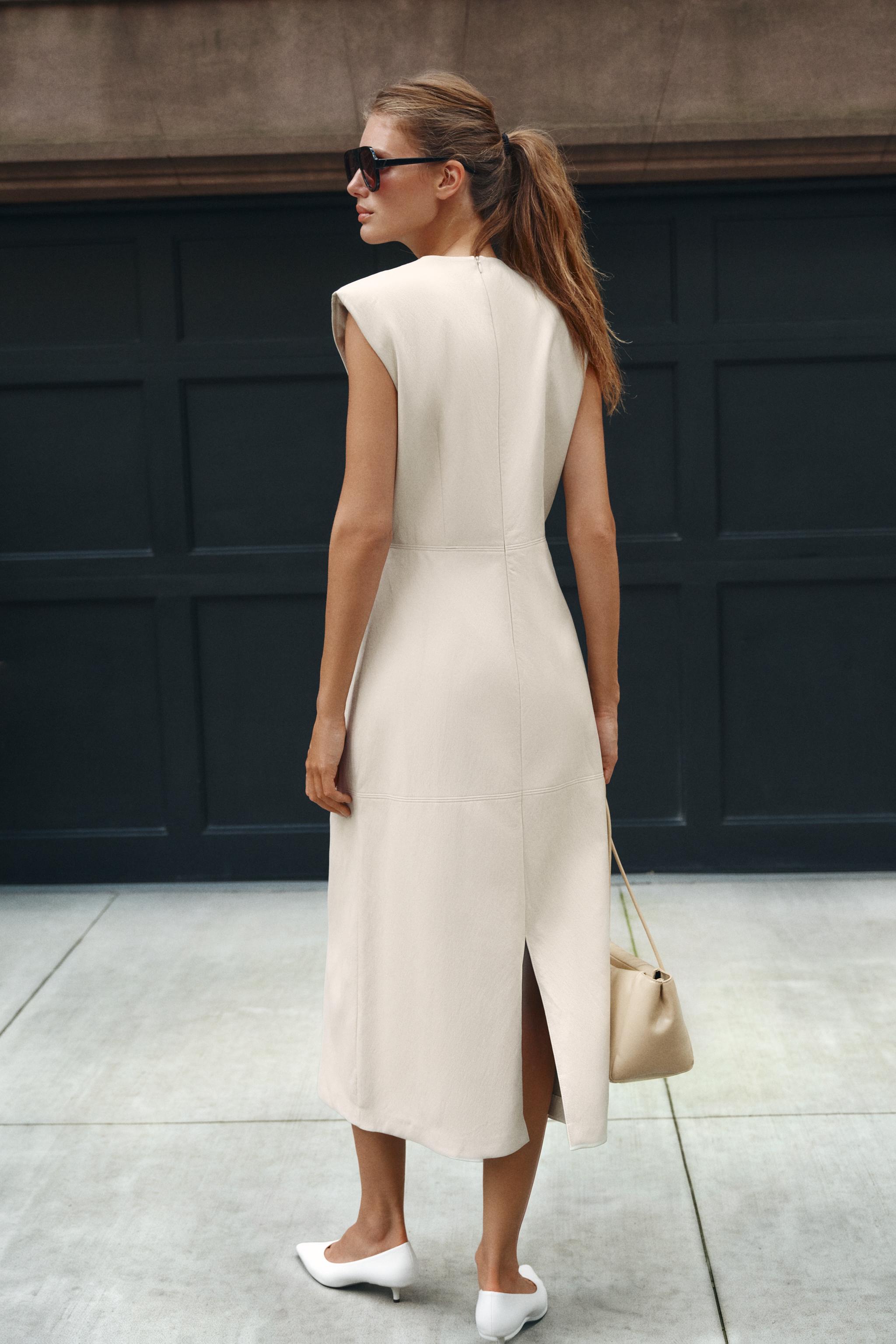 MIDI FAUX LEATHER DRESS WITH SHOULDER PADS