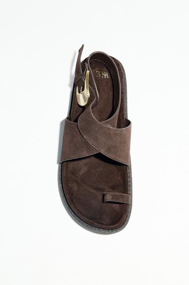 Zara SUEDE TOE LOOP BUCKLE SANDALS - Brown