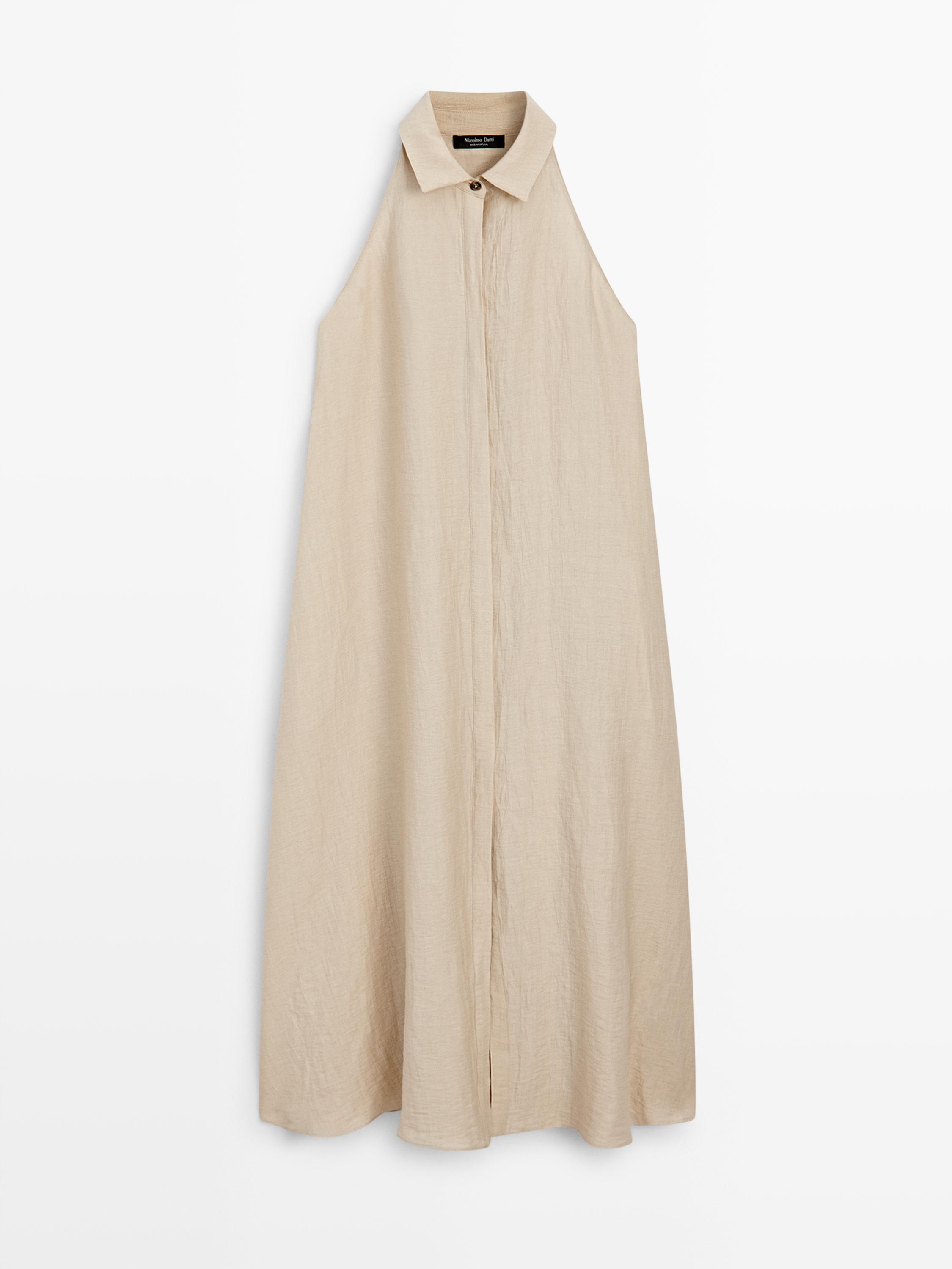 Linen blend polo collar midi dress — Ecru