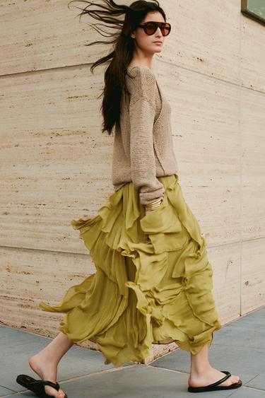 Zara ZW COLLECTION RUFFLED SKIRT - Olive green