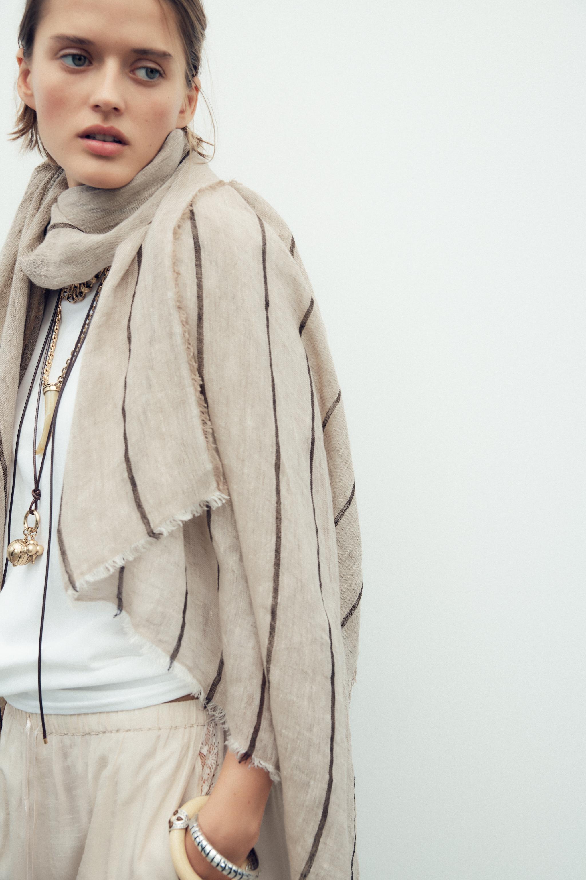 Zara Linen Scarf STRIPED 100% LINEN SCARF Sand ZARA New Zealand