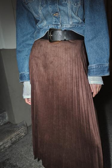 Zara SUEDE EFFECT PLEATED MIDI SKIRT WITH BELT - Dark brown