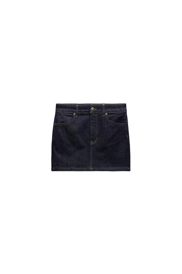 Front view of dark denim skirt with front pockets and button closure.