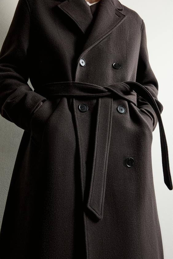 MANTEAU À BOUTONNAGE CROISÉ AVEC LAINE ET CEINTURE - Marron de Zara - Image 5