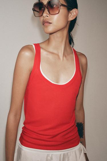 TOP PUNTO FINO MANGA SISA - Rojo de Zara