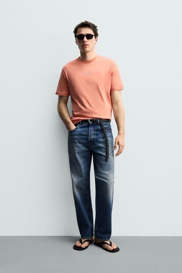Zara REGULAR FIT CONTRAST EMBROIDERY T-SHIRT - Coral - Image 0