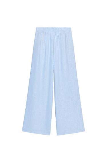 Zara WIDE LINEN PANTS - Light blue