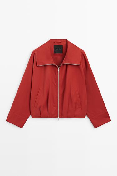 Zara Cotton blend gathered bomber jacket - Dark red - Image 0