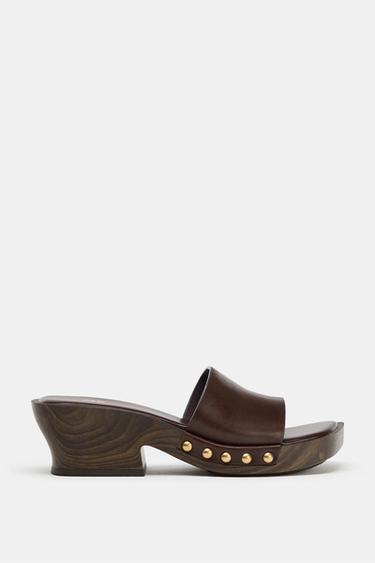 Zara 鉚釘真皮涼鞋 - 棕色