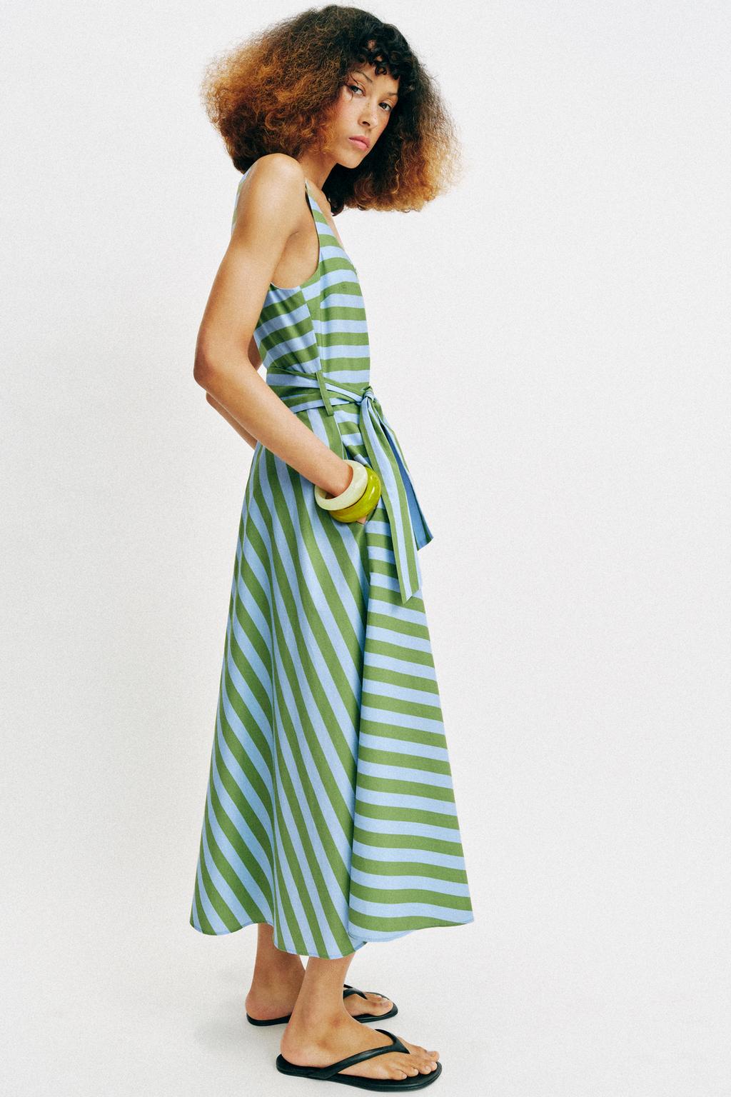 STRIPED BELTED MIDI DRESS