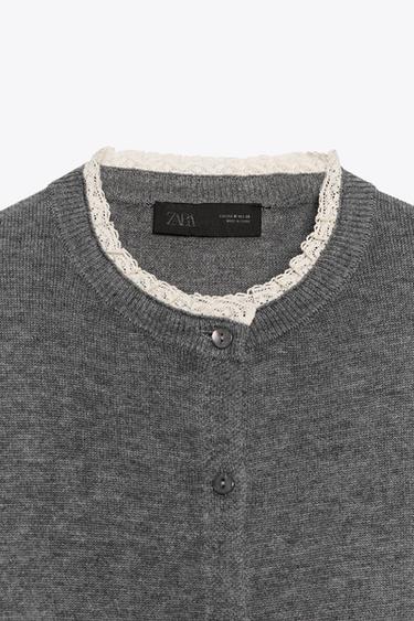LACE TRIM COMBINATION CARDIGAN - Grey by Zara - Image 7