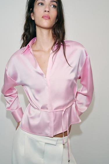 SATINBLUSE MIT SCHMALEM GÜRTEL - Rosa von Zara