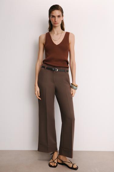 Zara BELTED CUFFED HEM PANTS - Mocha