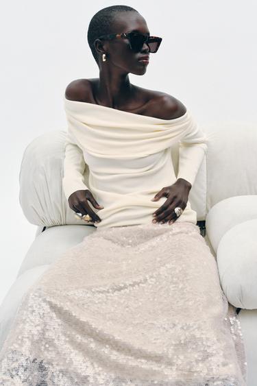 SEQUINNED KNIT MIDI SKIRT - Chalk pink by Zara