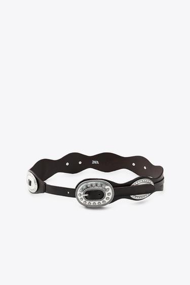 Zara LEATHER BELT WITH WAVY METAL HARDWARE - Brown