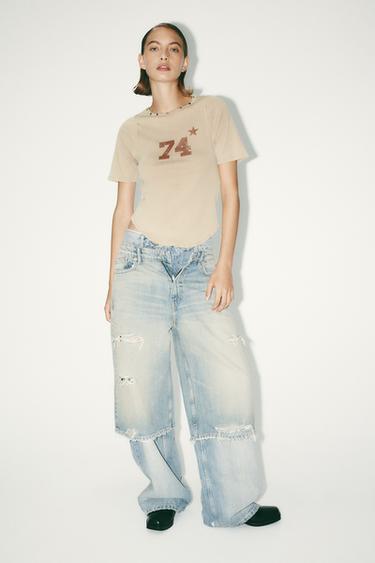 STUDDED SLOGAN T-SHIRT - camel by Zara - Image 0