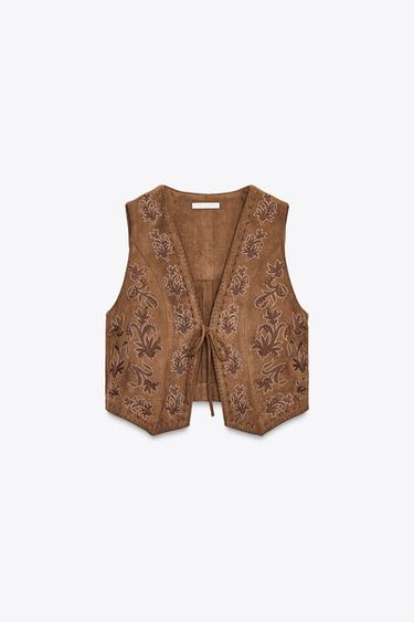 GILET EFFET DAIM BRODÉ AVEC FANTAISIE - Marron tabac de Zara - Image 4