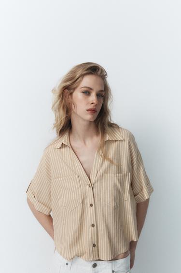 Zara STRIPED CROP SHIRT - Sand