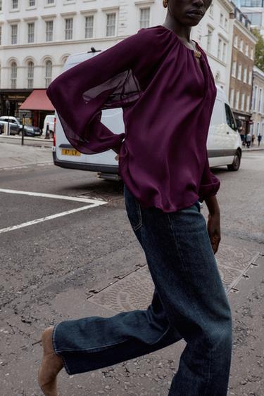 SEMI-SHEER BLOUSE WITH TRIM - Dark aubergine by Zara - Image 2
