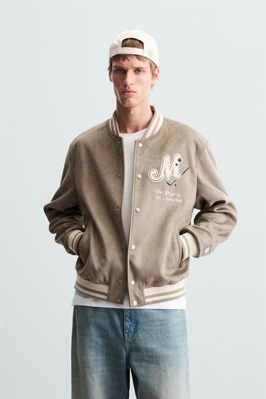 Zara FAUX SUEDE BOMBER JACKET WITH PATCHES - Toffee