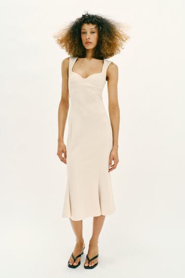 beige zara dress NWT SS24 Embroidered Floral Midi Ecru/Beige Wmns Sz M 3447/682 line hem This Zara beige lace midi