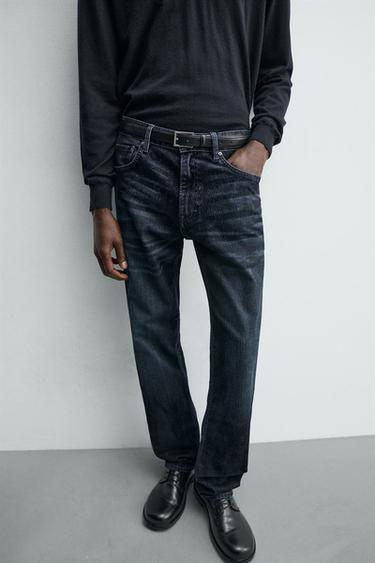 Zara FLOCKED STRAIGHT FIT JEANS - Navy blue