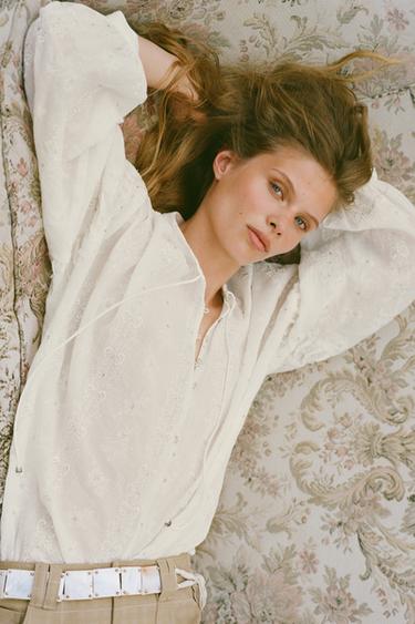 SEQUIN EMBROIDERED BLOUSE - Oyster-white by Zara