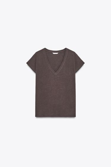 Zara COTTON LINEN T-SHIRT - Brown