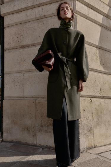 WOOL COAT WITH PUFF SLEEVES AND CONTRAST COLLAR - Khaki by Zara