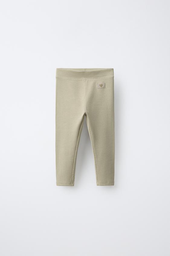 Zara LABEL DETAIL RIBBED LEGGINGS - Light khaki - Image 0
