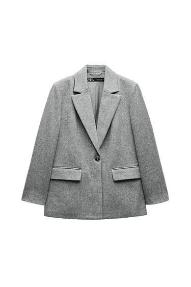 HERRINGBONE WOOL BLEND STRAIGHT BLAZER