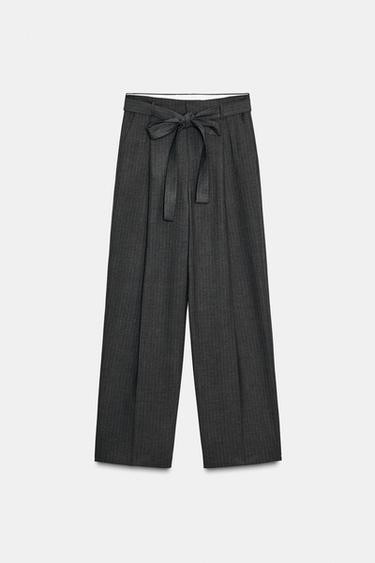 Zara PINSTRIPE BELTED PANTS - Charcoal gray