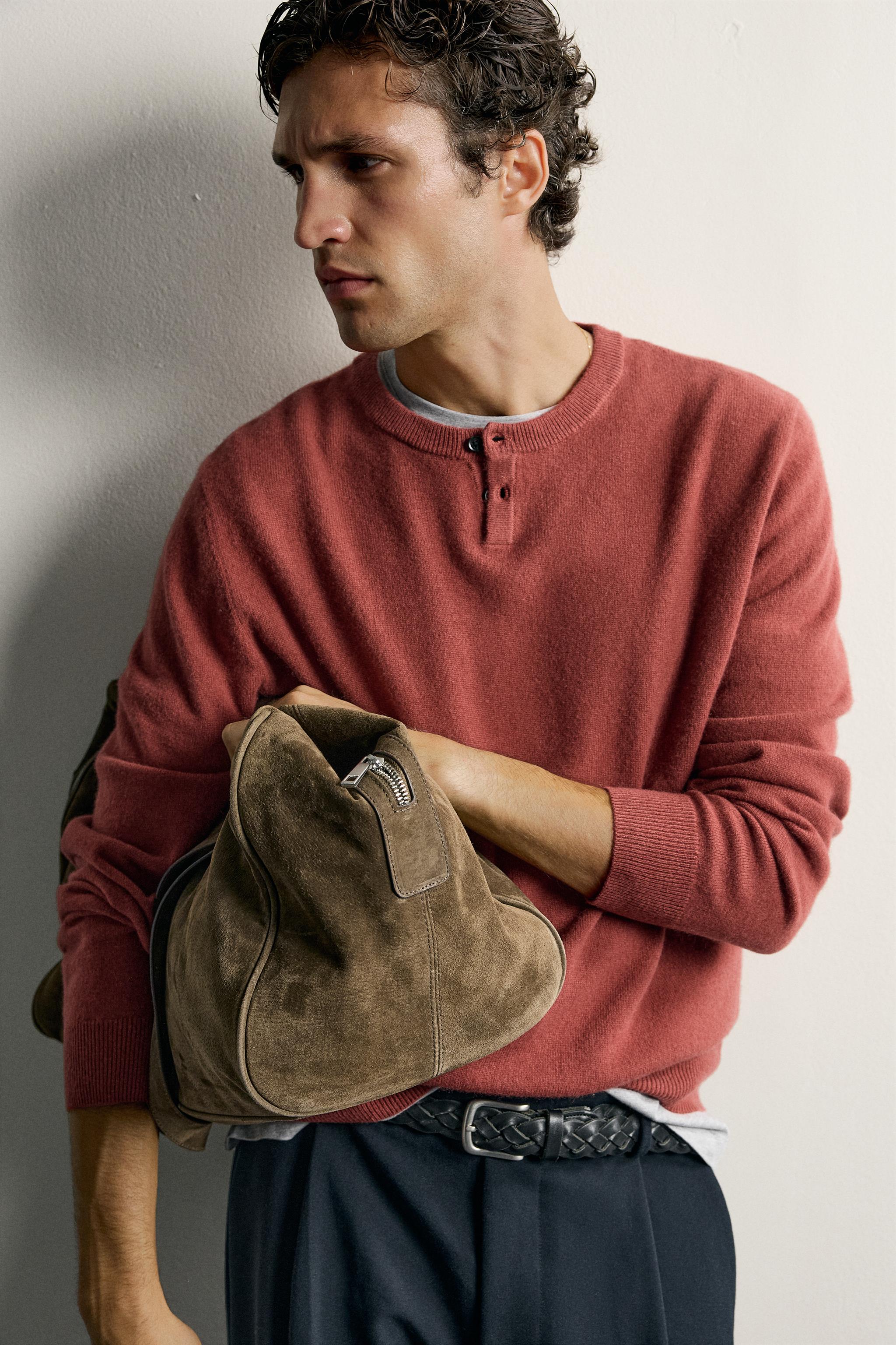 100% WOOL HENLEY NECK SWEATER