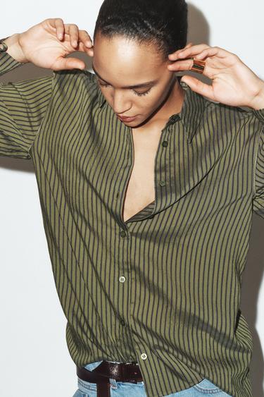 CHEMISE À RAYURES AVEC LACETS - Kaki foncé de Zara - Image 4