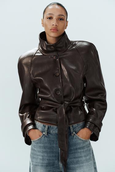 SHOULDER PAD LEATHER EFFECT TRENCH JACKET — Dark brown 1