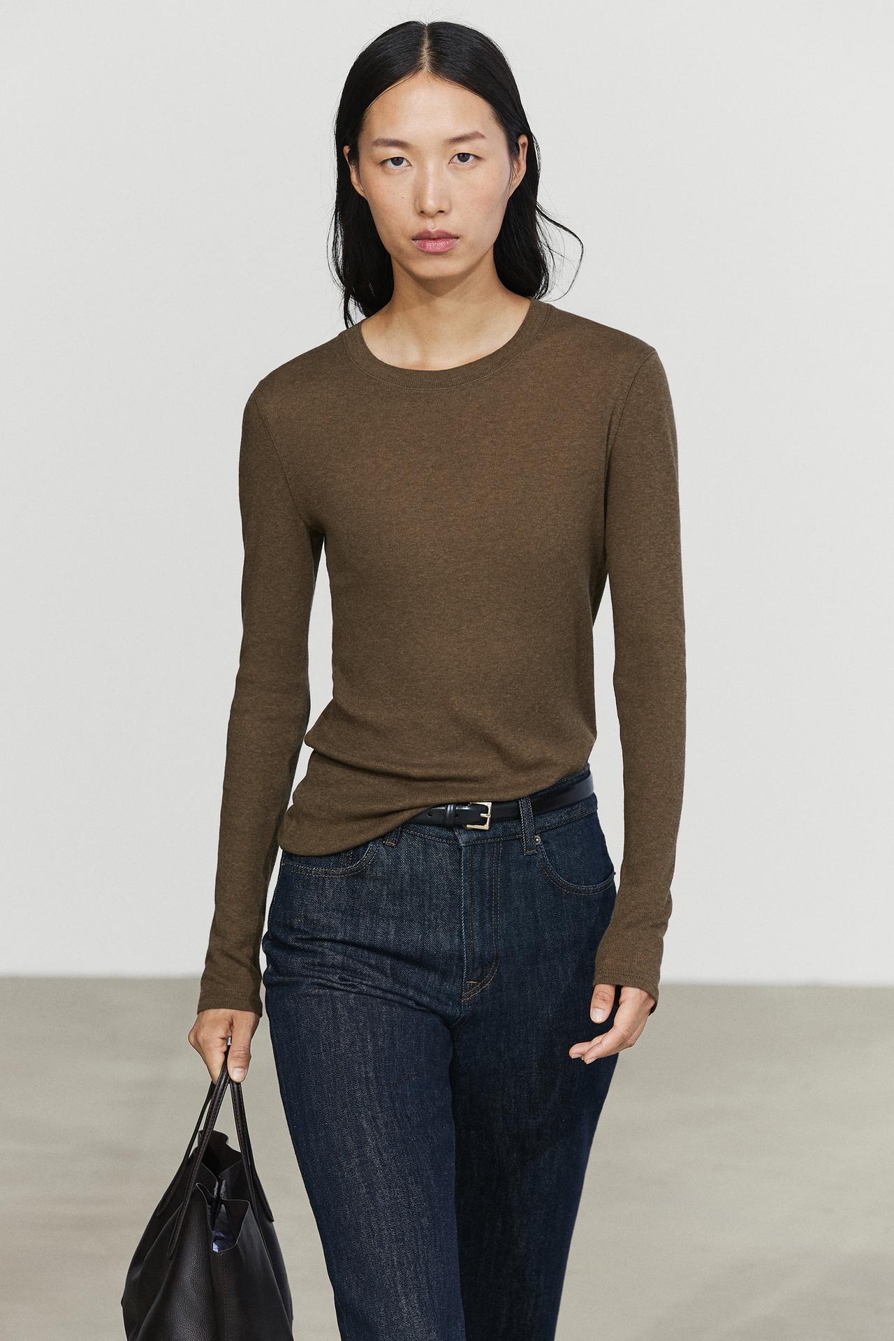 Cotton blend knit T-shirt — Mid-camel