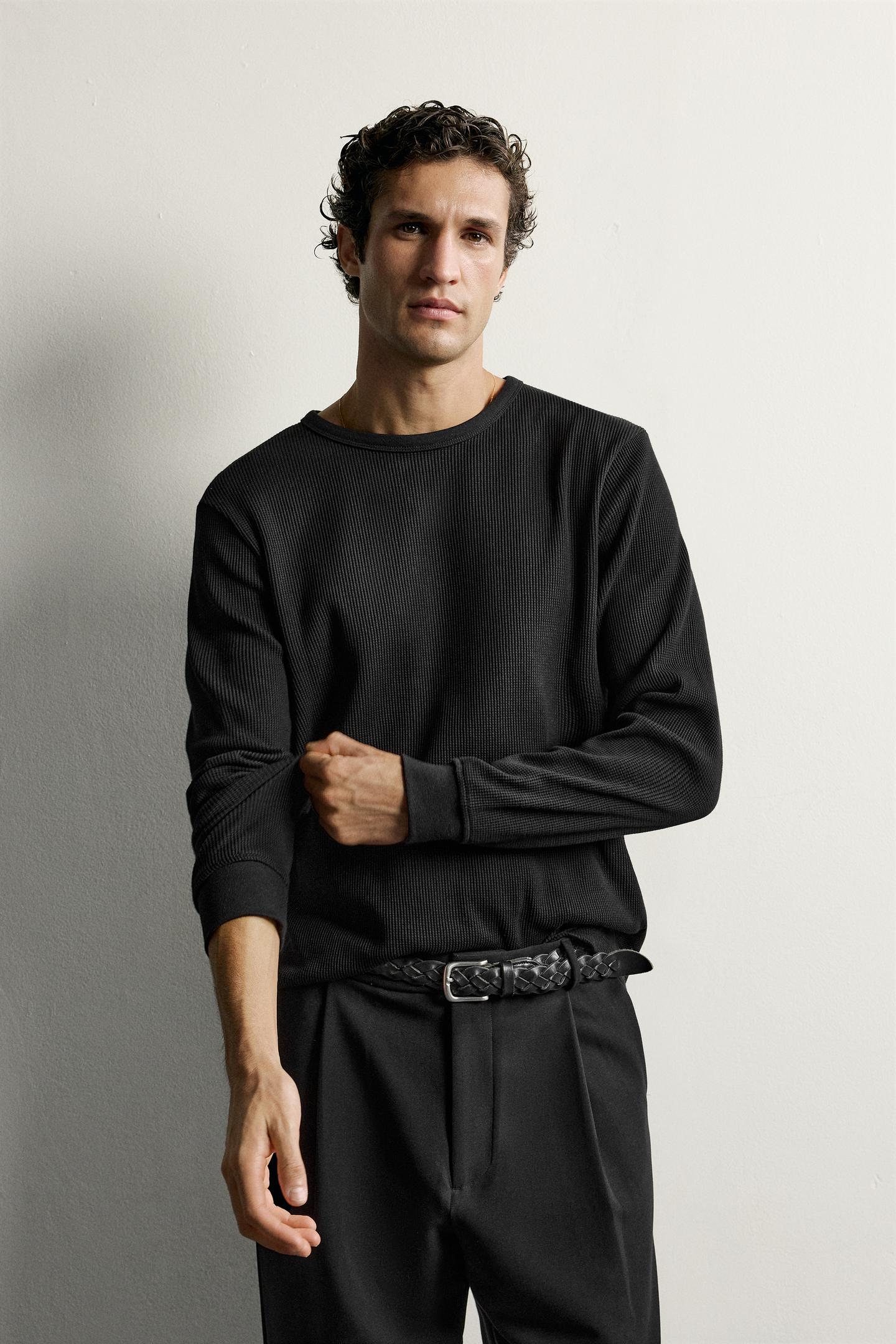 Мужская футболка Zara Waffle Knit Regular Fit, цвет: Чёрный — фото 2