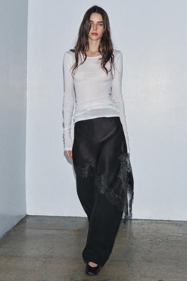 Zara ZW COLLECTION SATIN EFFECT LACE SKIRT - Dark gray