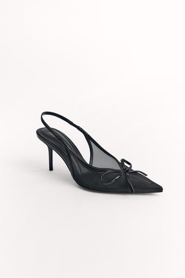 Zara MESH SLINGBACK PUMPS WITH BOW - Black