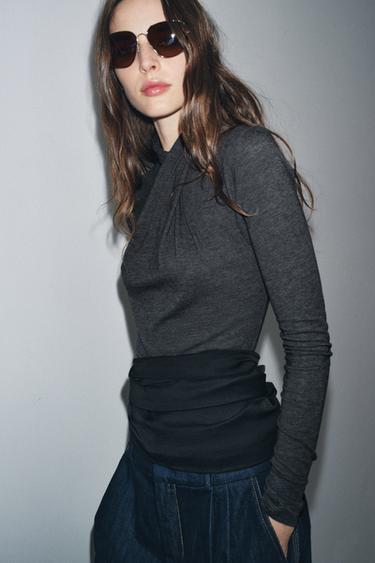 T-SHIRT WITH DRAPED FRONT - Dark grey marl by Zara - Image 0