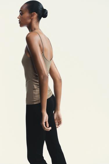 Zara LYOCELL T-SHIRT WITH INNER TOP - taupe brown