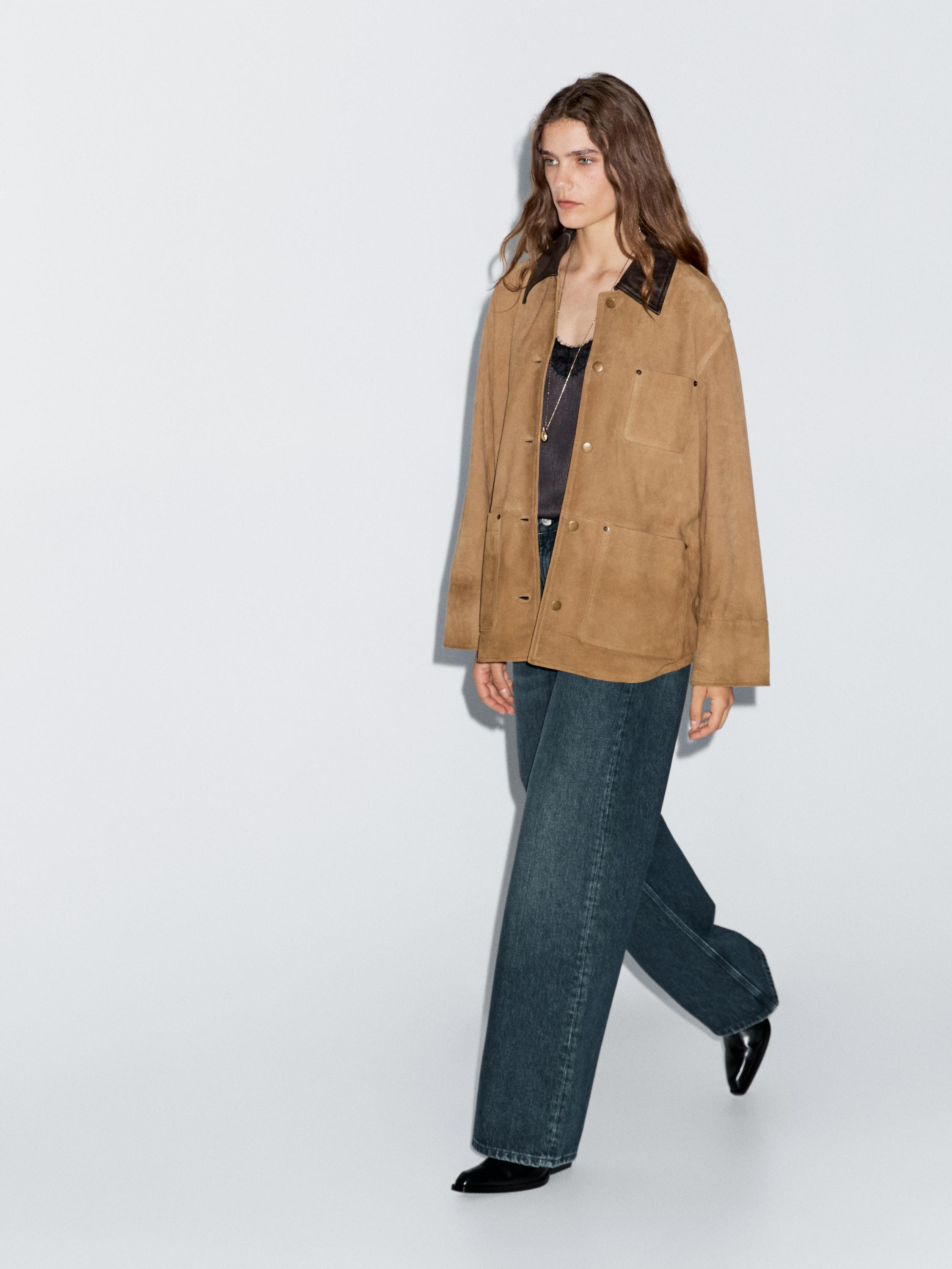 Suede leather jacket with collar detail