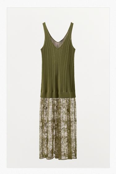 Zara Yeşil - DANTEL DETAYLI TRİKO MİDİ ELBİSE