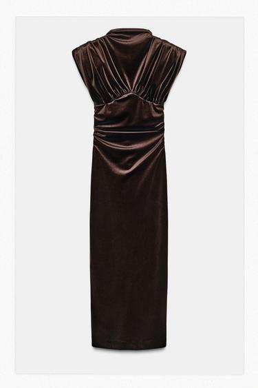 فستان ميدي مخملي مزموم - بني داكن الخاص بـ Zara